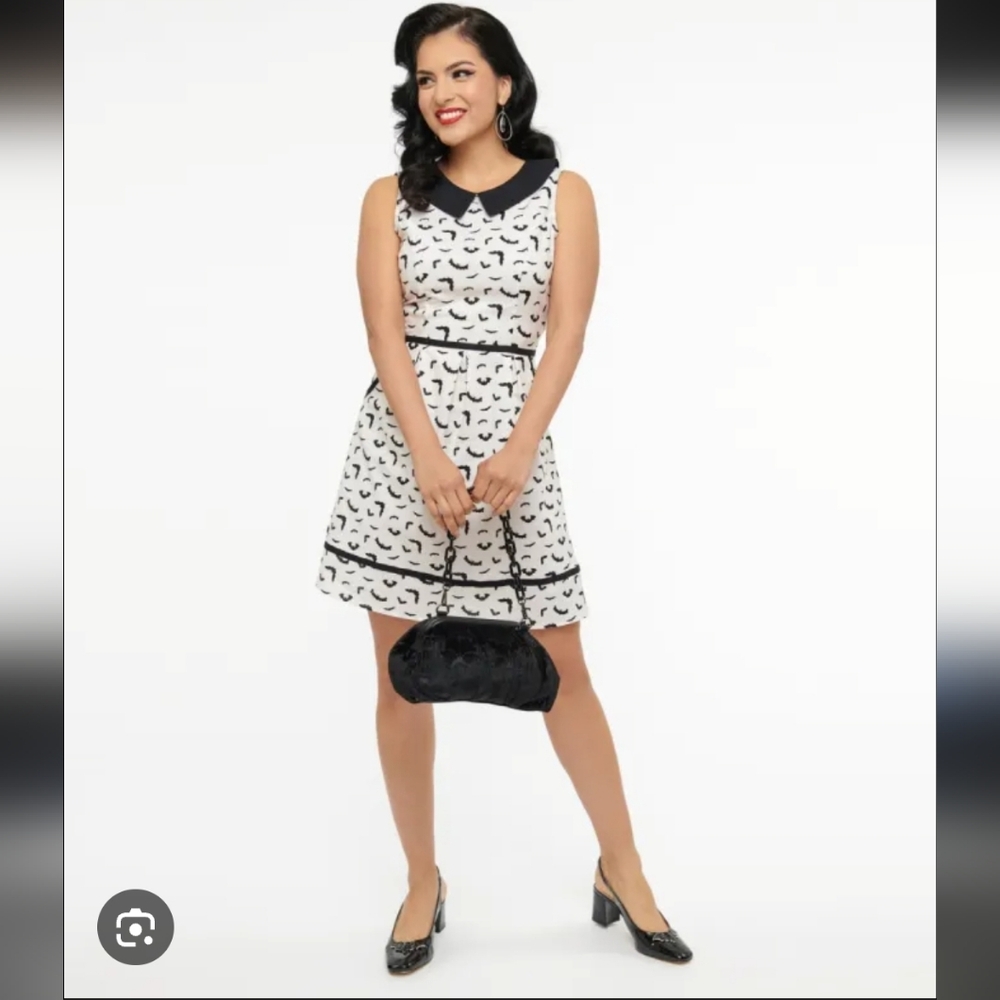 Unique Vintage Retrolicious Black and White Bats Collared Retro Dress